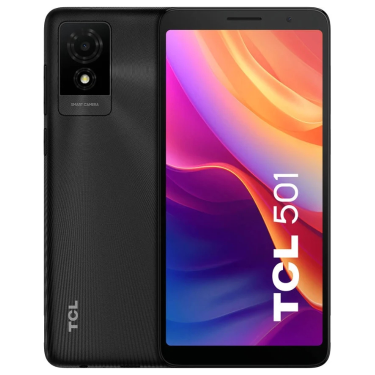 TCL 501 smartphone preto, 2GB/32GB, câmara dupla e ecrã colorido.