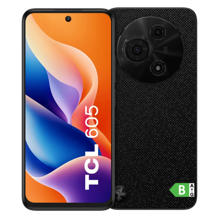 TCL 605 smartphone preto, ecrã colorido e câmeras triplas na parte de trás.