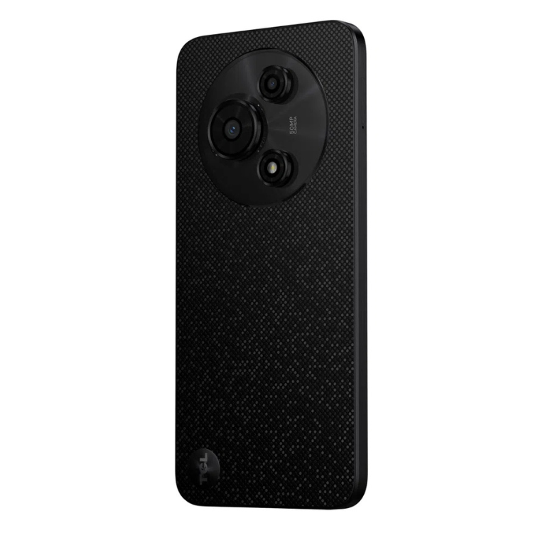 TCL 605 smartphone preto, vista traseira com câmeras triplas.