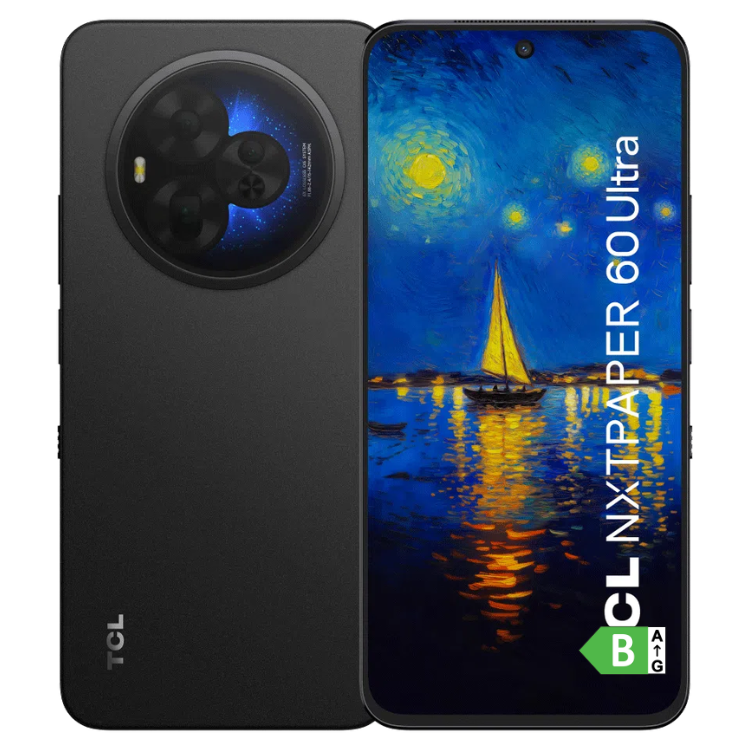 TCL 60 Ultra NXTPAPER preto, vista frontal e traseira, com ecrã de noite estrelada.