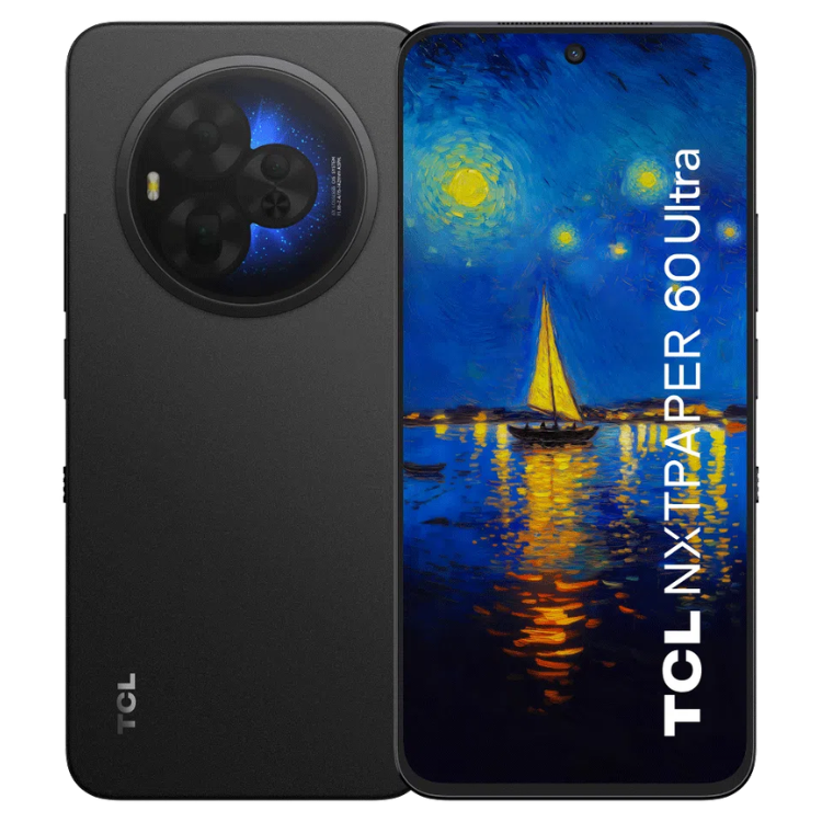 TCL NXTPAPER 60 Ultra preto, vista frontal e traseira, com capa e caneta incluídas.