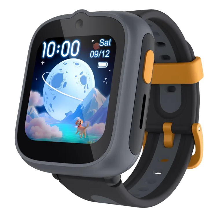 Relógio inteligente infantil TCL Kids MT48X cinzento escuro com pulseira laranja.