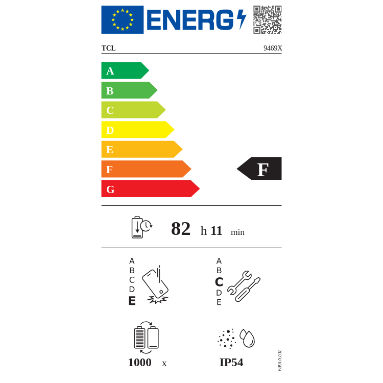 Etiqueta energética do tablet TCL, eficiência F, 82h 11min, IP54, 1000 ciclos de carga.