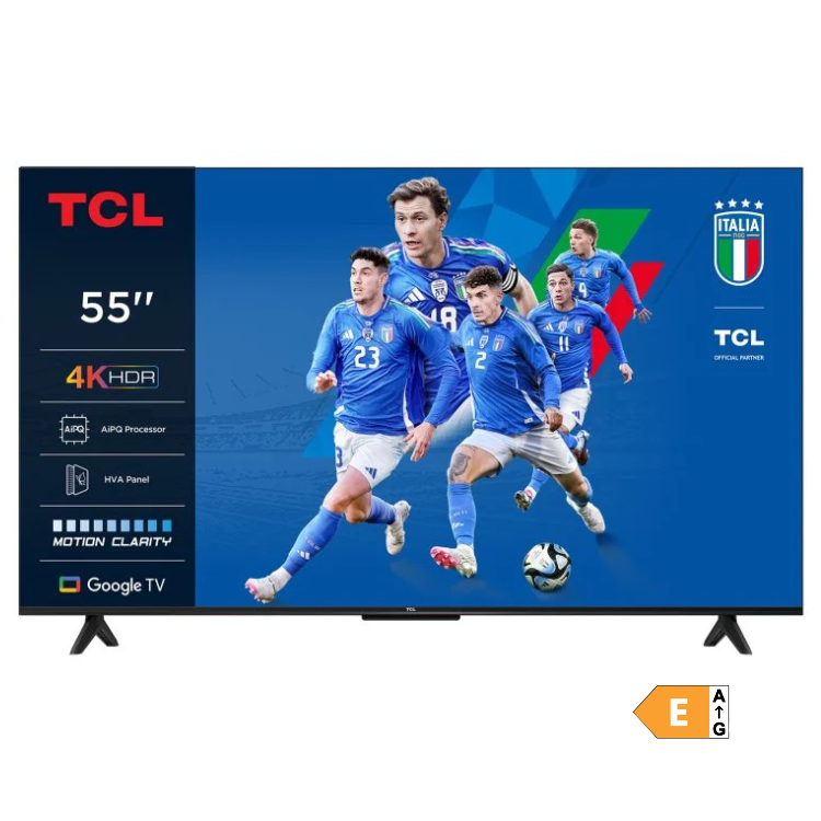 TCL 55" 4K HDR Smart TV com jogadores de futebol em campo, logotipo TCL e Google TV.