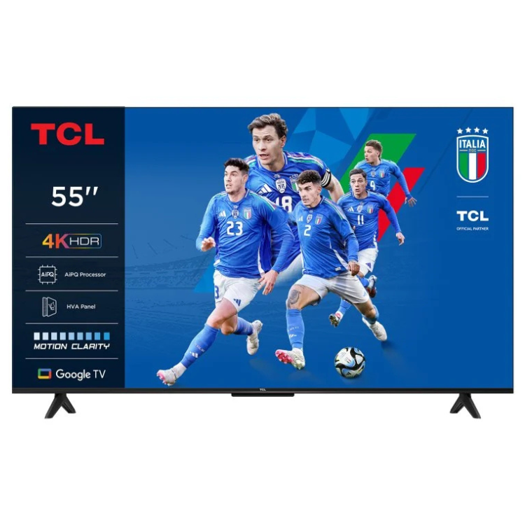 TCL 55" 4K HDR Smart TV com jogadores de futebol em ecrã azul vibrante