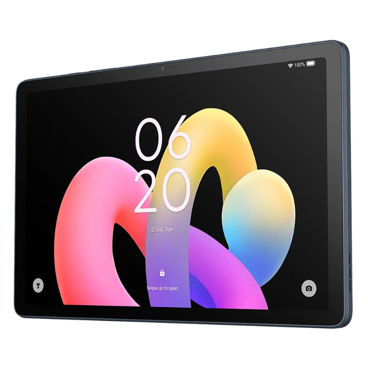 TCL Tab 10 Gen 4, tablet antracite com ecrã colorido e data/hora.