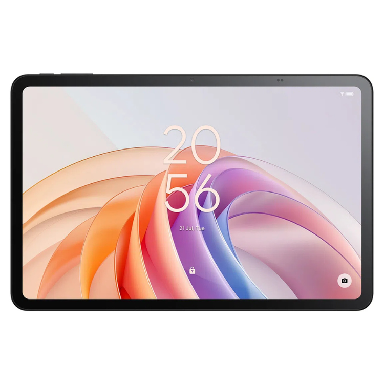Tablet TCL Tab 11 FE cinzento com ecrã colorido a mostrar o ecrã de bloqueio.