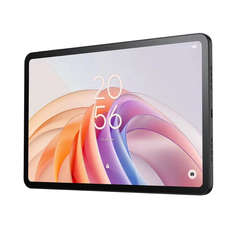 Tablet TCL Tab 11 FE cinzento com ecrã colorido a mostrar data e hora.