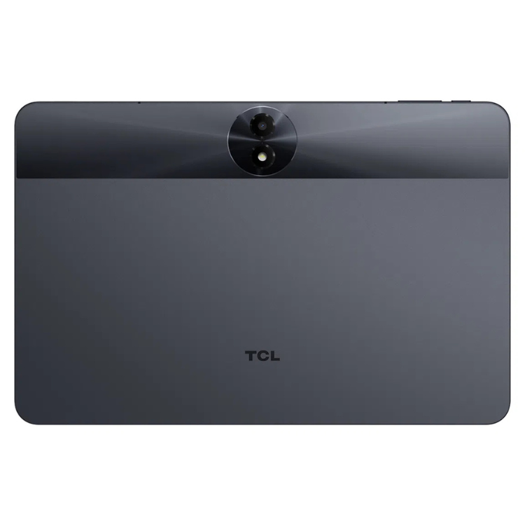 Tablet TCL Tab 11 FE cinzento com câmera e marca TCL na parte de trás.
