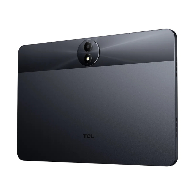 Tablet TCL Tab 11 FE cinzento com câmera dupla e logotipo TCL na parte inferior.