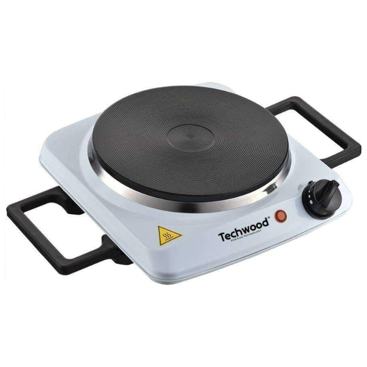 Techwood white electric single zone hot plate, 1500W, black coil and handles.