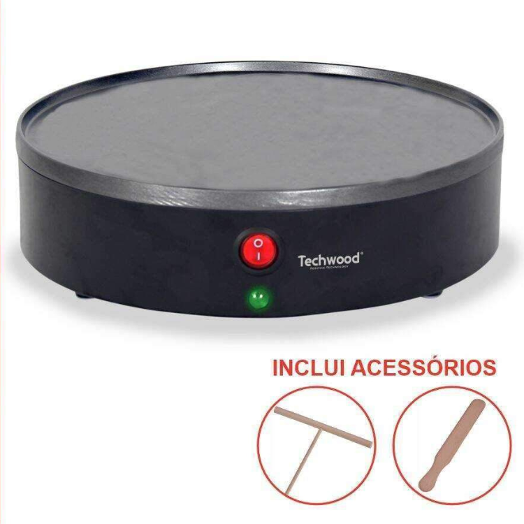 Black Techwood electric crepe maker, 23cm, with red and green buttons.