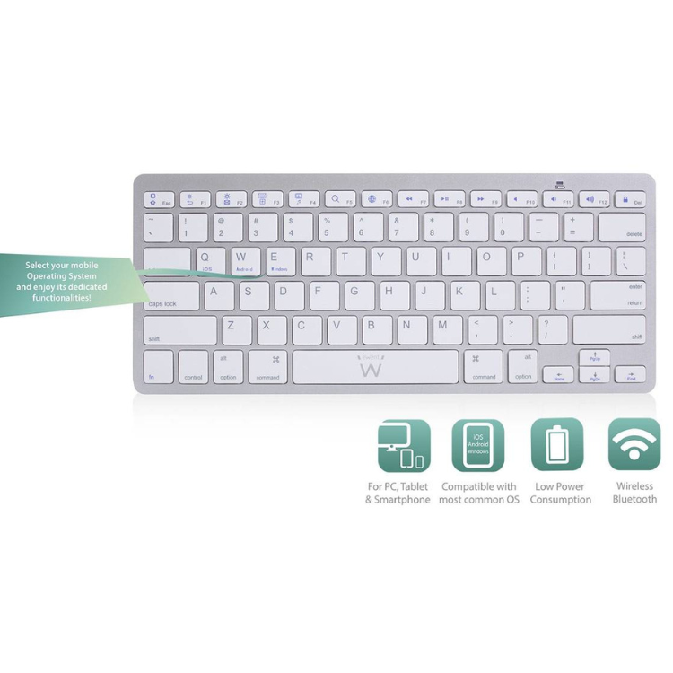 Ewent Ultra-Slim Bluetooth keyboard, silver, PT layout.