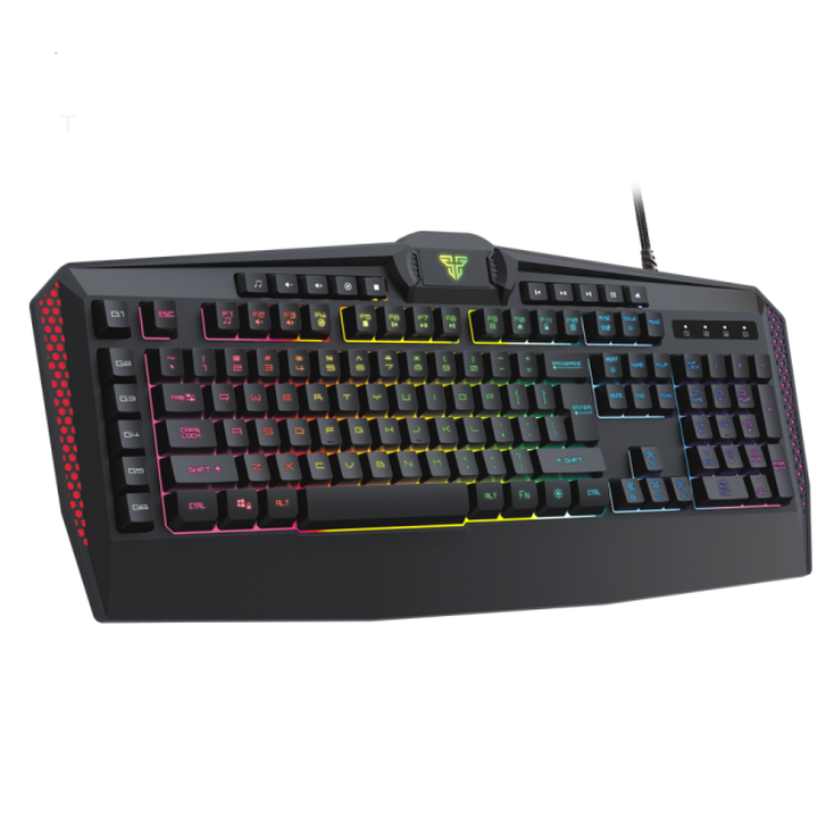 Black Fantech RGB gaming keyboard with colorful backlighting and red accents.