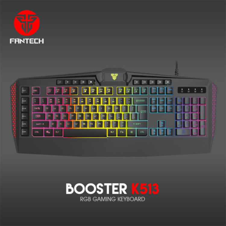 Fantech Booster K513 RGB gaming keyboard, black with rainbow backlight.