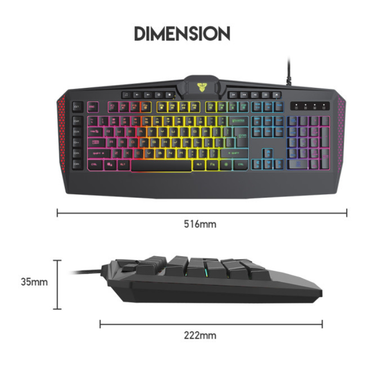 Fantech Booster K513 RGB gaming keyboard, black with multicolor backlight, dimensions 516mm x 35mm x 222mm.