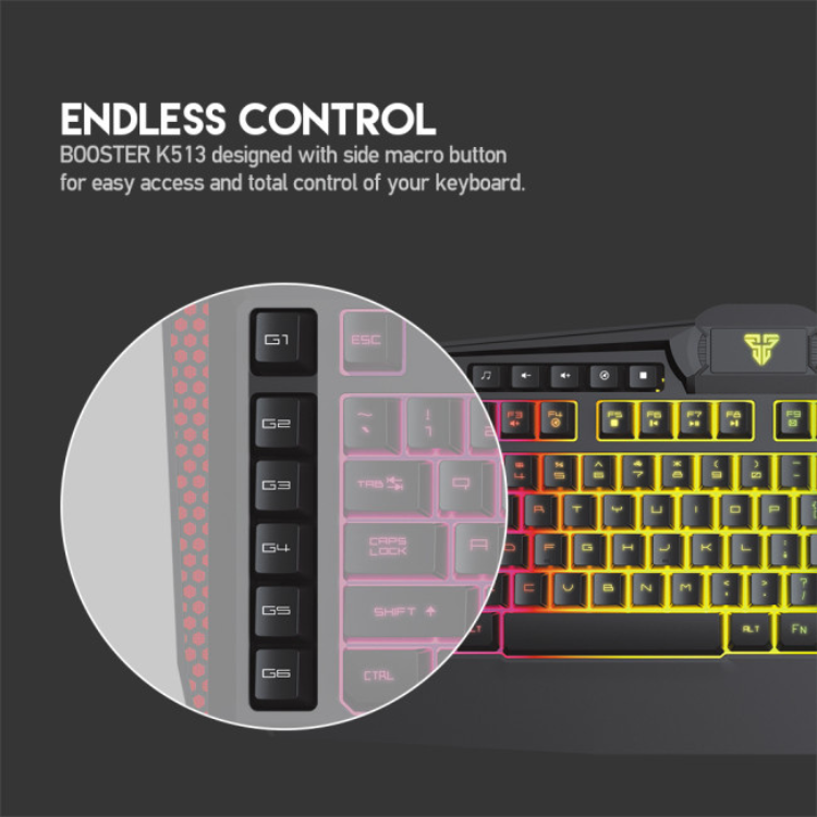 Fantech Booster K513 RGB gaming keyboard, black with pink, yellow, and red backlighting, side macro buttons.