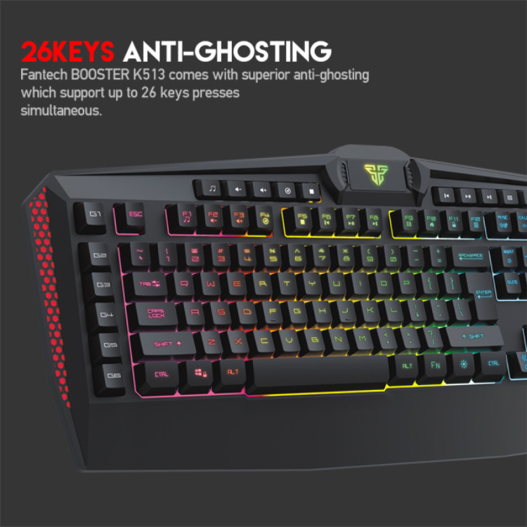 Black Fantech gaming keyboard with RGB lights, 26-key anti-ghosting.