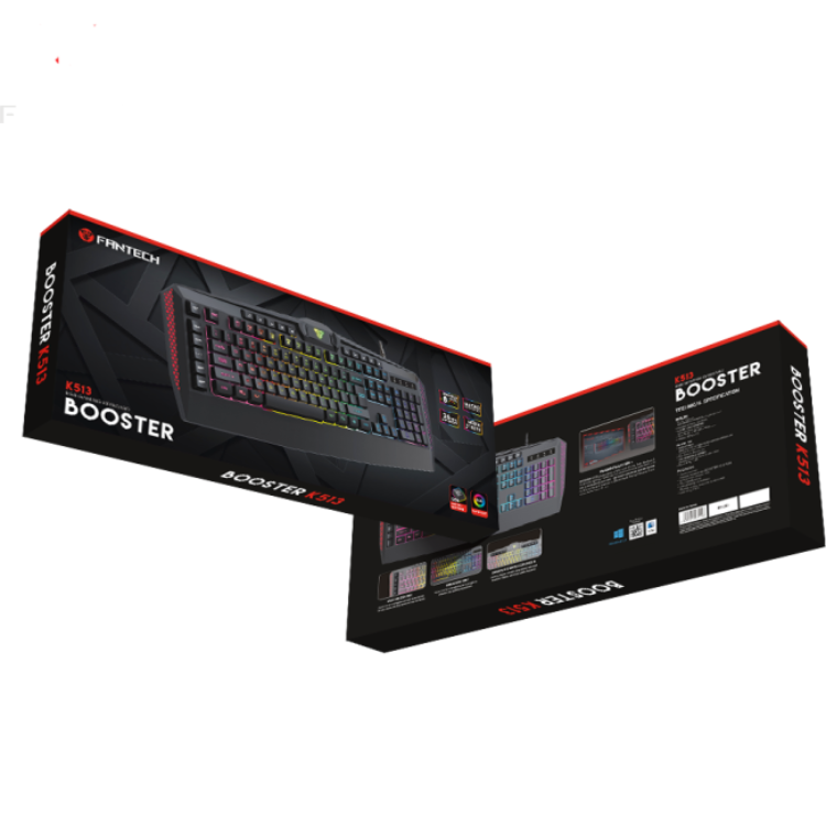 Fantech Booster K513 RGB gaming keyboard packaging, black with red accents and product images.