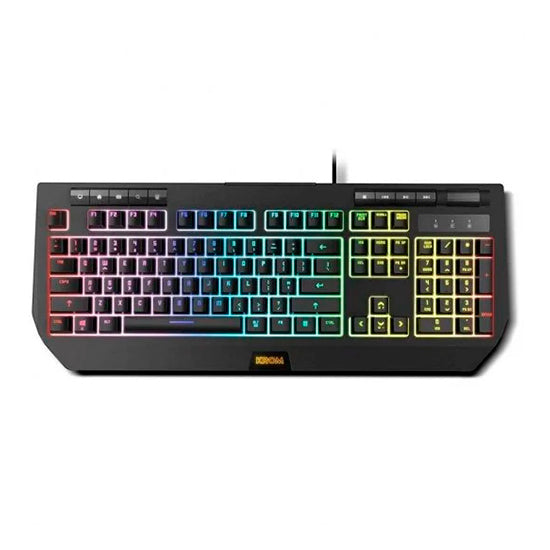 Black Krom gaming keyboard with RGB rainbow backlight and Kroma logo.