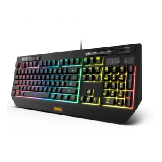 Krom Kuma RGB gaming keyboard, black, with multicolor backlighting and rainbow-colored accents.