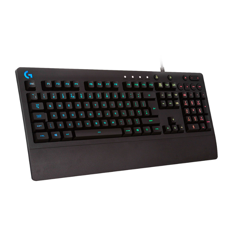 Black Logitech G213 gaming keyboard with RGB lighting and blue logo.