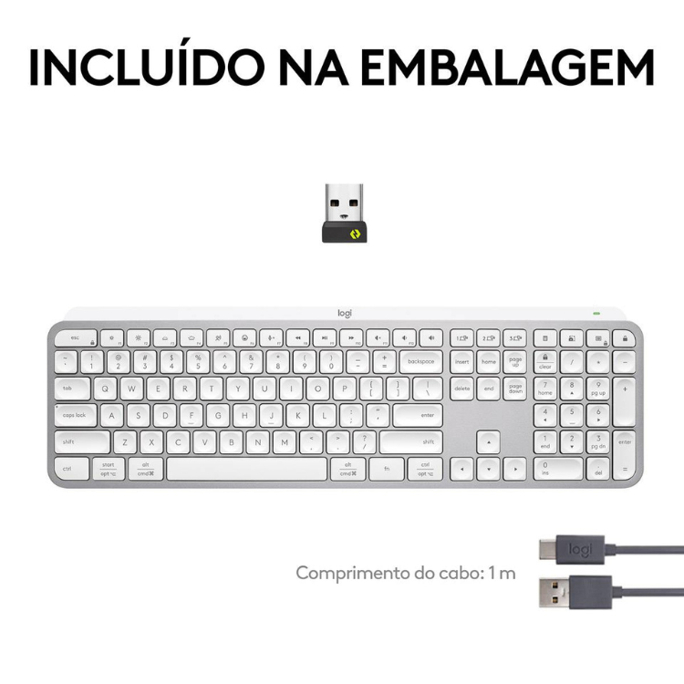 Logitech MX Keys S wireless keyboard, pale grey and white, Bluetooth, Portuguese layout.