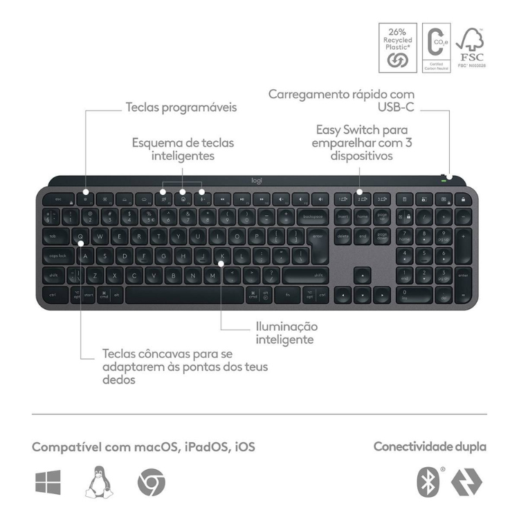 Logitech MX Keys S Bluetooth keyboard, gray, with black keys.