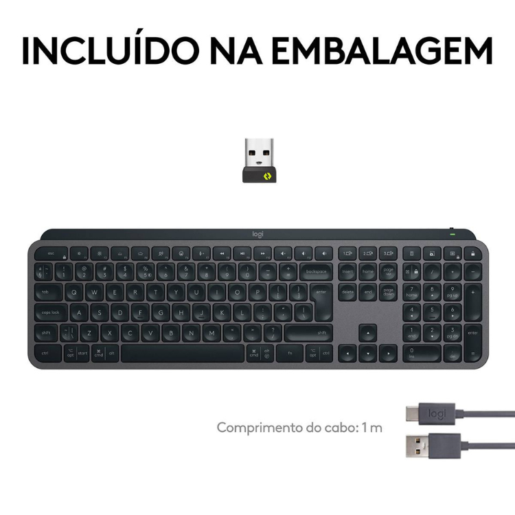 Logitech MX Keys S Bluetooth keyboard, gray, with USB receiver and cables.