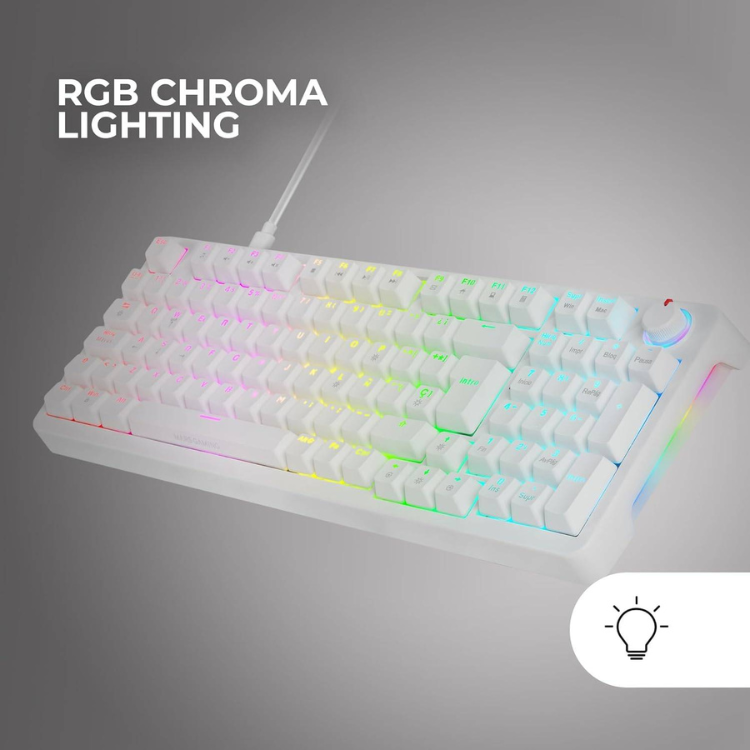 White Mars Gaming keyboard with RGB chroma lighting and colorful backlit keys.