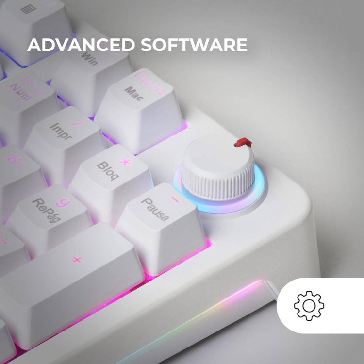 Mars Gaming MKPROYPT RGB mechanical keyboard, white, with colorful backlight and knob.