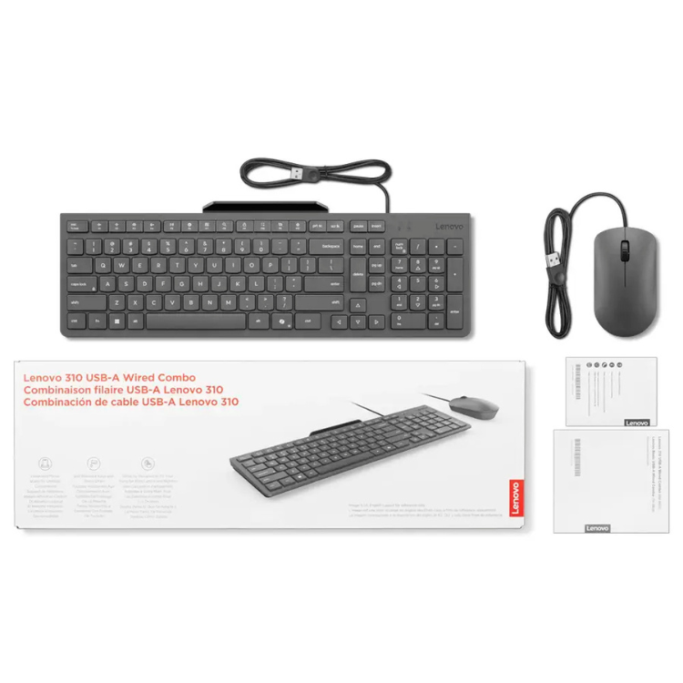 Lenovo 310 USB-A wired keyboard and mouse combo, black, Portuguese layout, with packaging and accessories.