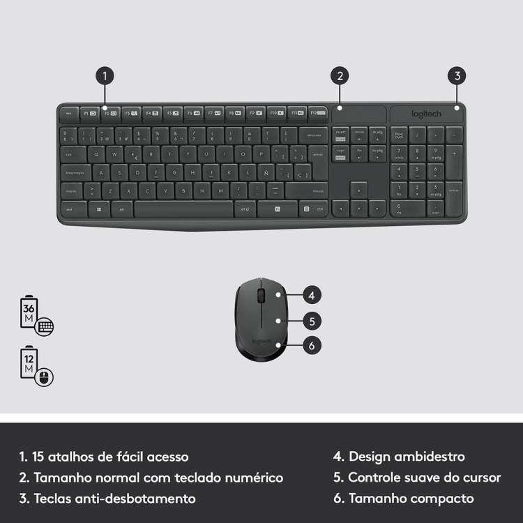 Logitech MK235 wireless keyboard and mouse set, black, with numeric keypad and ambidextrous mouse.