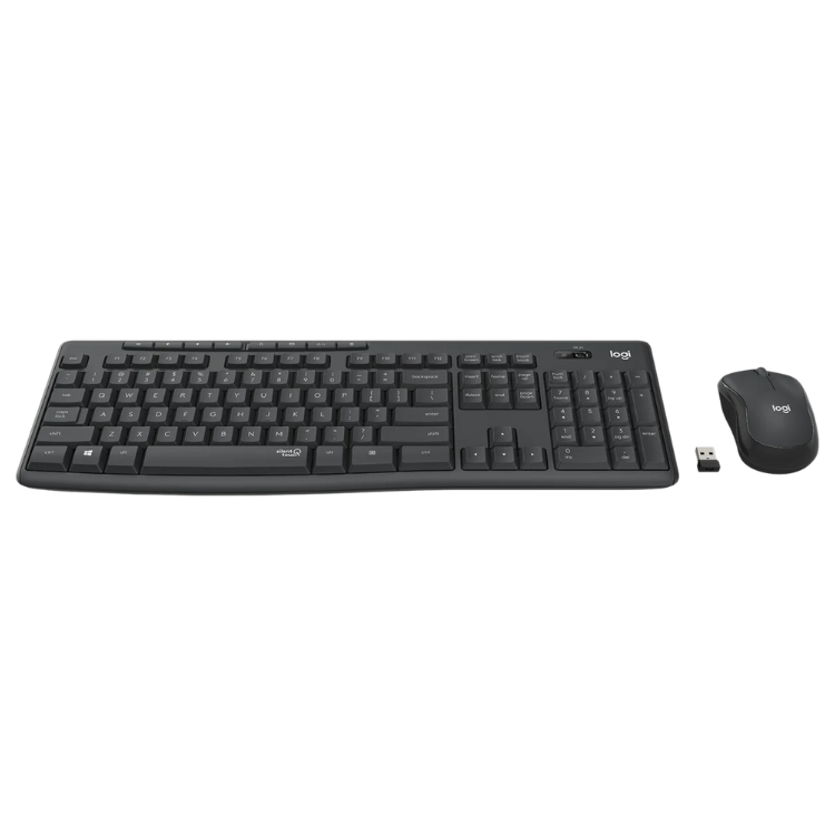 Logitech MK295 wireless keyboard and mouse set, black, with USB receiver.