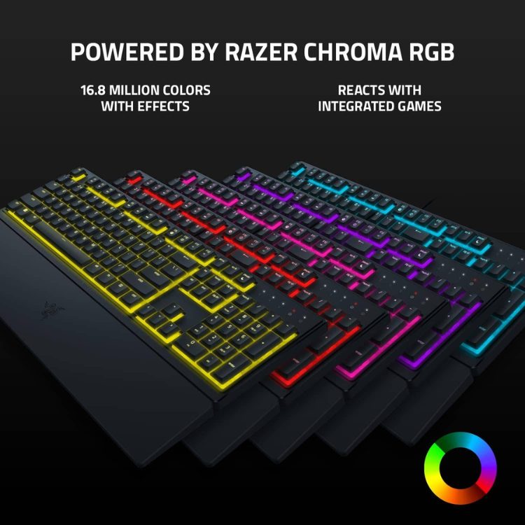 Razer Ornata V3 X Chroma RGB gaming keyboard, black, with colorful backlighting effects.
