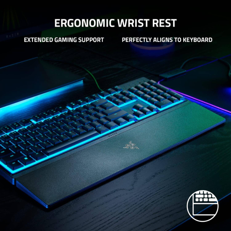Razer Ornata V3 X Chroma RGB gaming keyboard, black, with blue and purple backlighting.