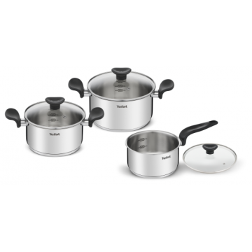 Tefal stainless steel cookware set, 3 pieces with glass lids, silver with black handles.