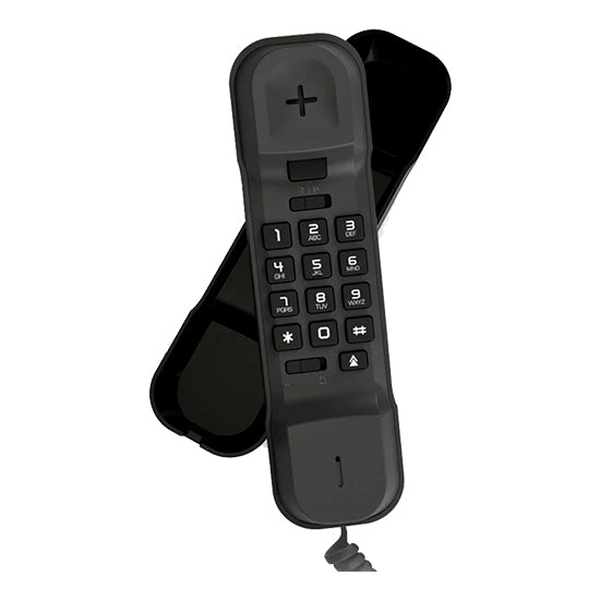 Telefone Fixo Alcatel Compact T06 Preto, com teclado e suporte.