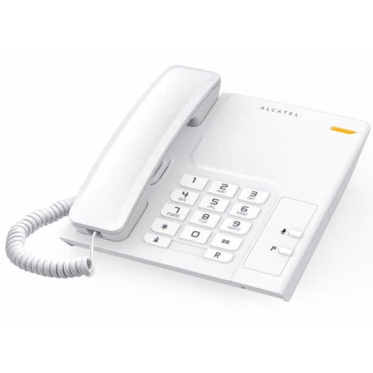 Telefone fixo Alcatel Compact T26 branco, com teclado e auscultador.