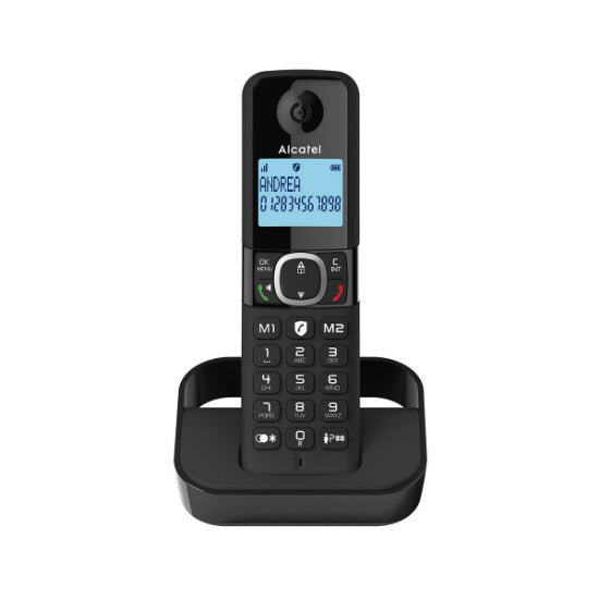 Telefone Fixo Alcatel F860 Preto, com ecrã e teclado.