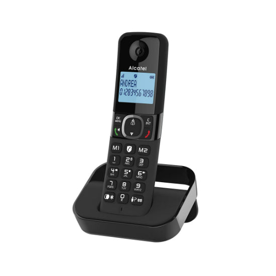 Telefone Fixo Alcatel F860 Preto com ecrã e base.