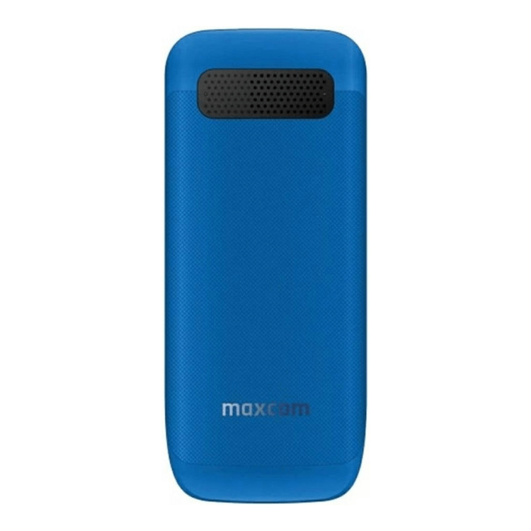 Telemóvel Maxcom azul com altifalante preto e logótipo maxcom na parte inferior.