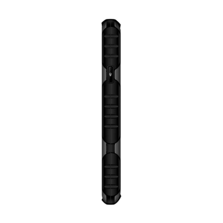 Telemóvel Maxcom MM920L preto, vista lateral de um telefone robusto com textura e botão lateral.