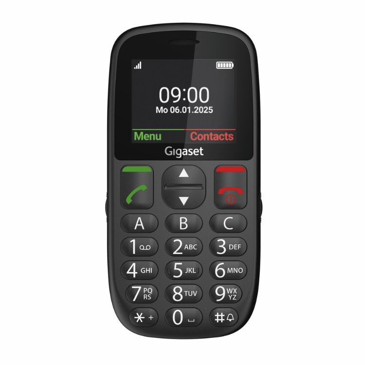 Telemóvel Gigaset GL395 preto com teclado e ecrã a mostrar data e hora.