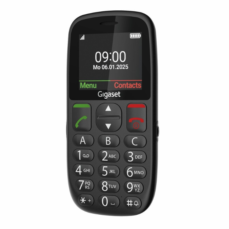 Telemóvel Gigaset GL395 preto com teclado e ecrã a mostrar data e hora.