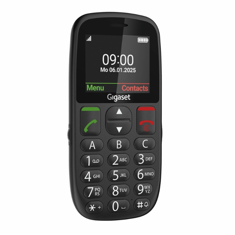 Telemóvel Gigaset GL395 preto com teclado e ecrã a mostrar data e hora.