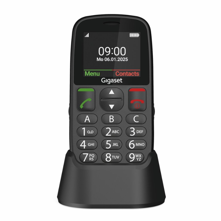 Telemóvel sénior Gigaset GL395 preto com teclas grandes e ecrã.