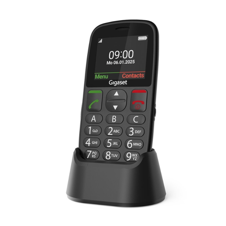 Telemóvel Gigaset GL395 preto com teclas grandes e botão SOS, em suporte.