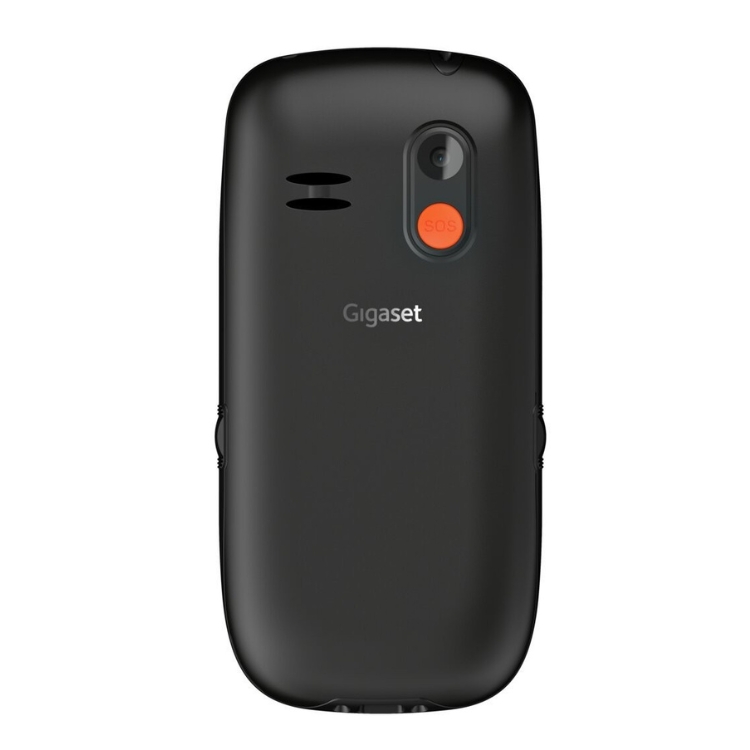 Telemóvel Gigaset GL395 preto com botão SOS laranja na parte de trás.