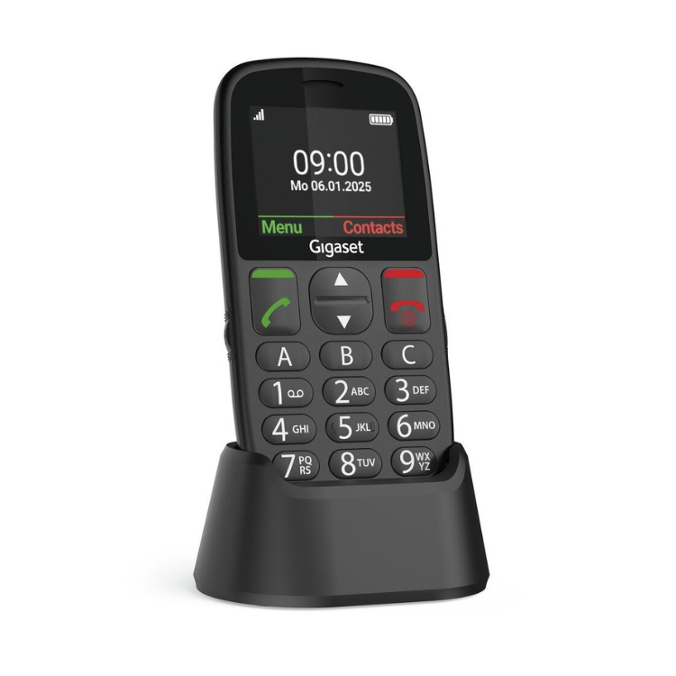 Telemóvel Gigaset GL395 preto com ecrã e teclado grande.